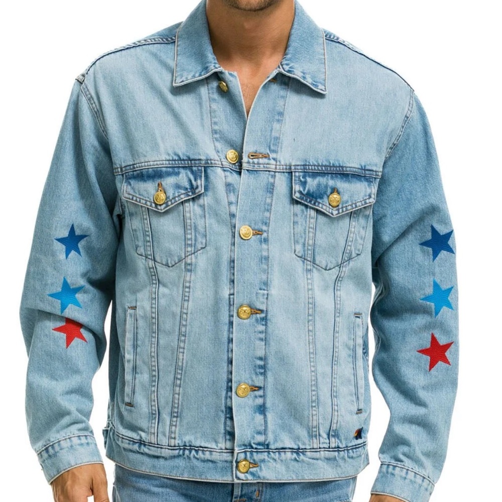 Aviator Nation Light Blue Denim Jacket with Star Accents